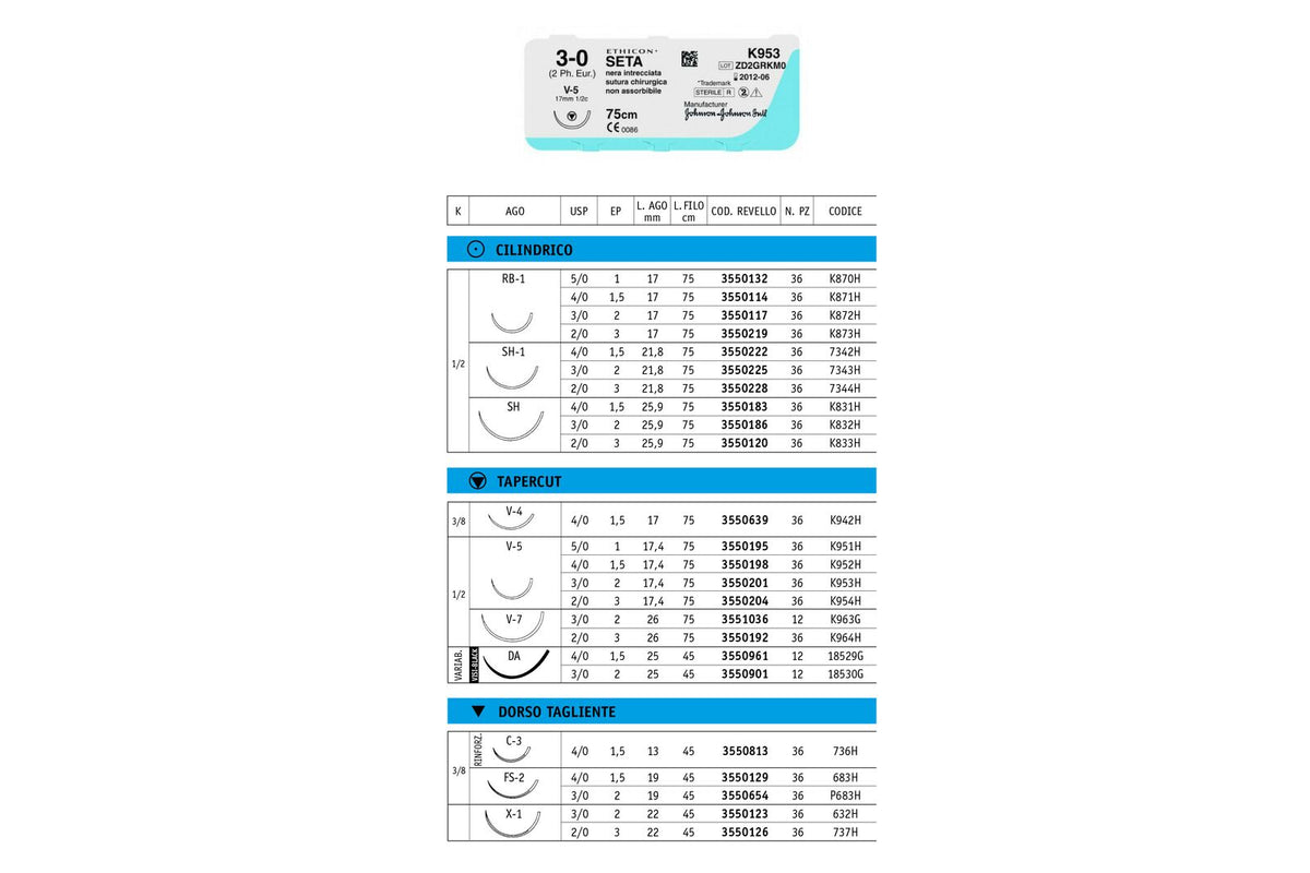 Schema illustrativo della linea suture seta ETHICON con riferimenti assortiti - articolo venduto K833H 2/0 ago SH cilindrico 36 pezzi