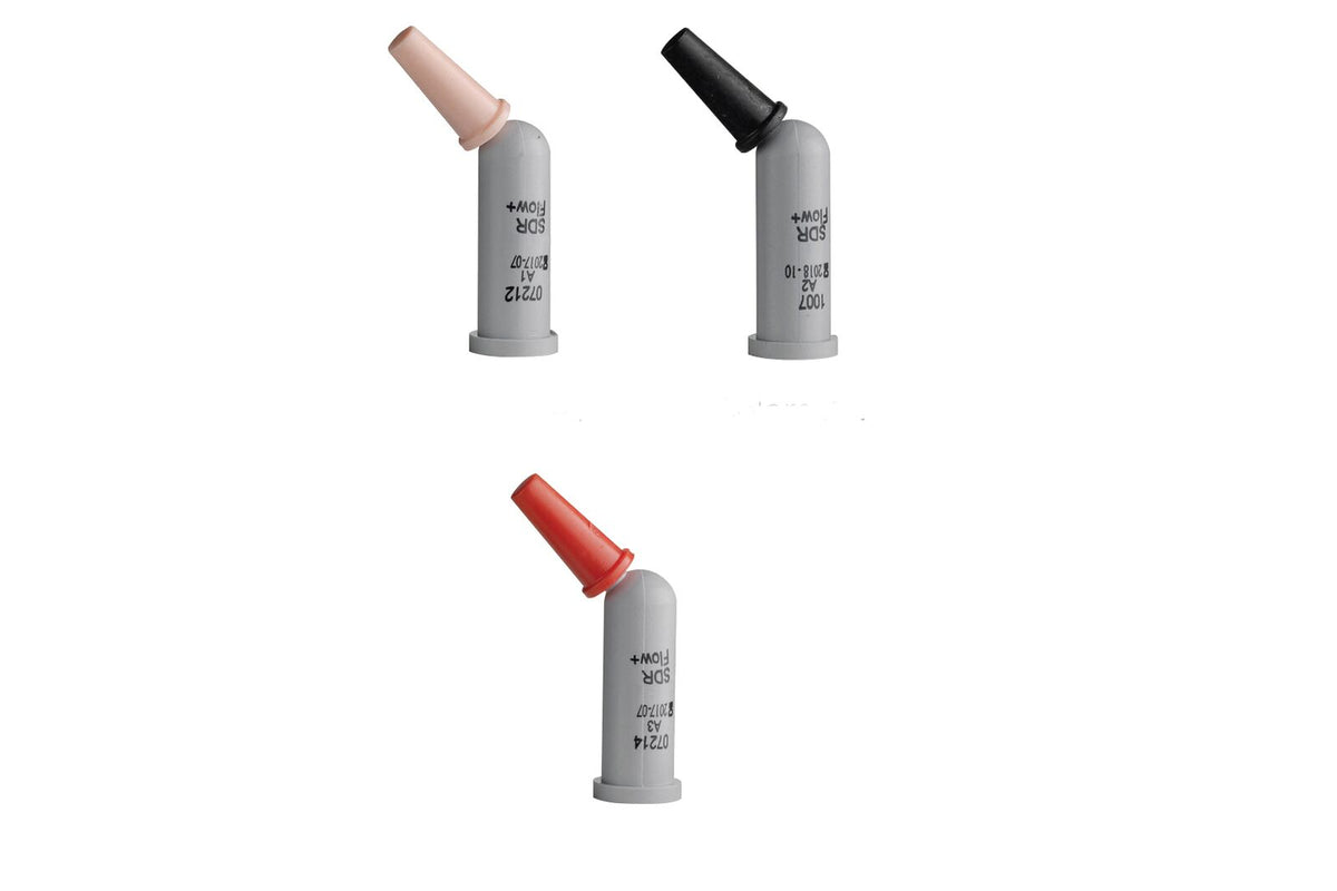 Foto illustrativa linea SDR FLOW con tre compule di colori misti; articolo venduto DENTSPLY SDR FLOW 15 capsule A3