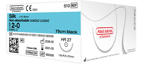 Foto generica della linea ASSUT Silk; etichetta illustrativa diversa dall'articolo 605 seta 3/0 36 pezzi