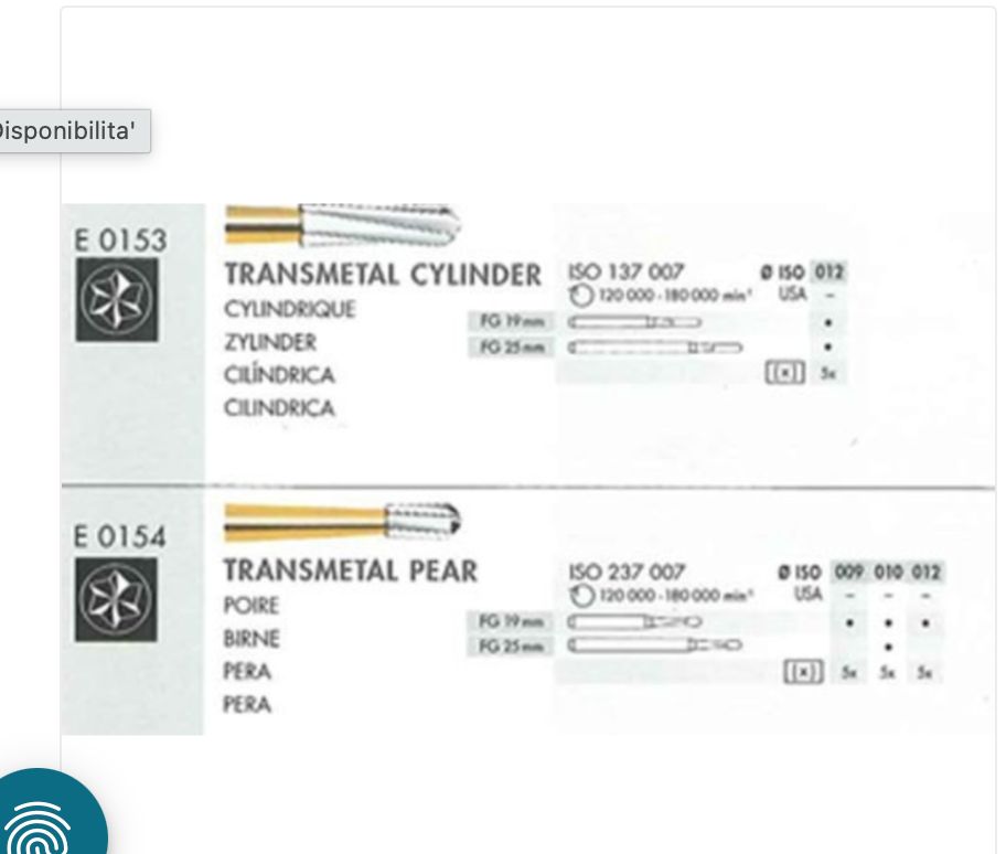 Schema illustrativo TRANSMETAL; fare riferimento al riquadro inferiore PEAR E0154; articolo venduto DENTSPLY MAILLEFER FRESE TRANSMETAL 19 mm 012 pera 5 pezzi