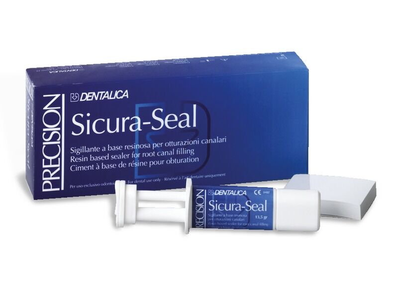 Foto illustrativa SICURA-SEAL doppia siringa con spatola; articolo a catalogo DENTALICA PRECISION SICURA-SEAL 2 siringhe da 13.5 g