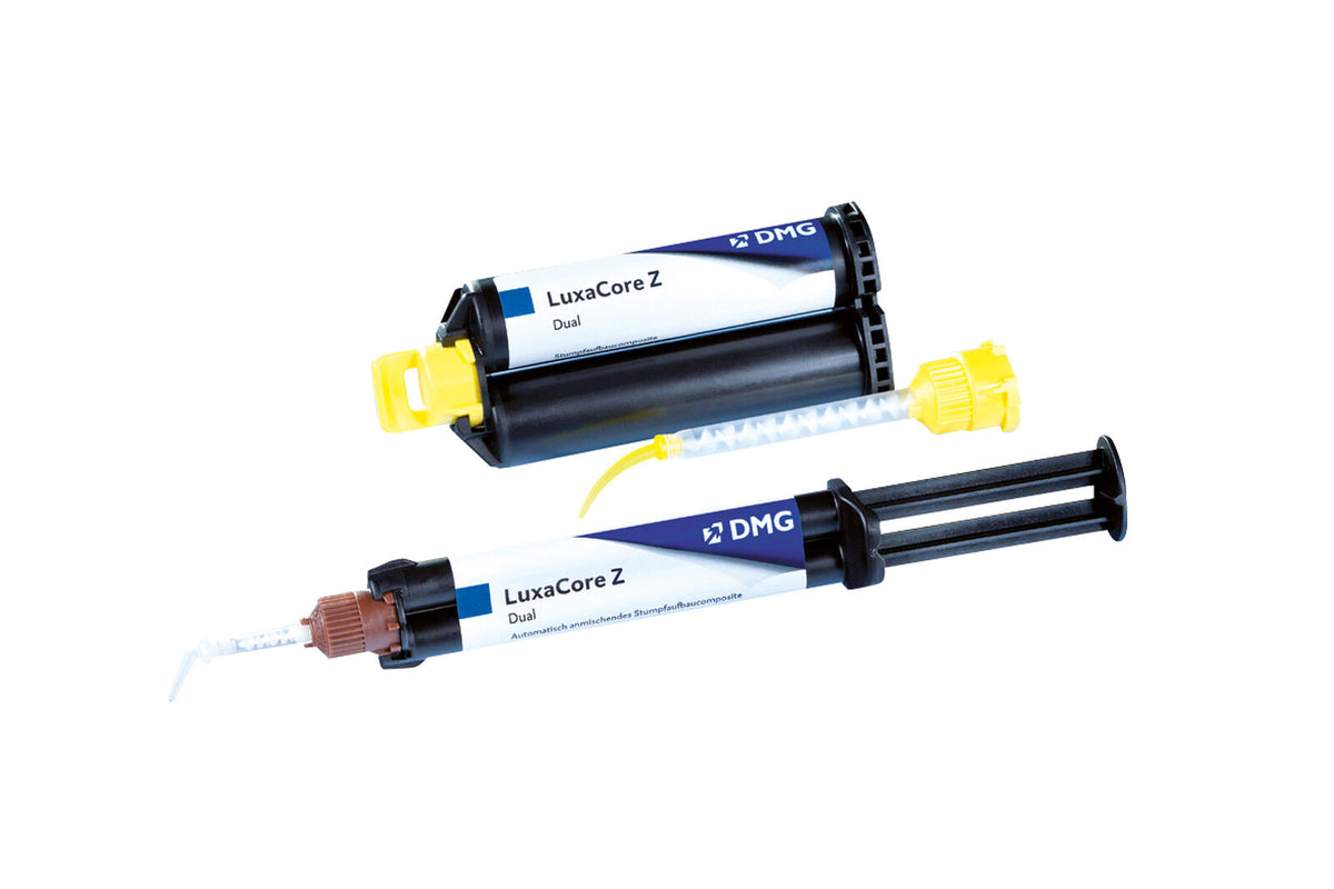 Foto illustrativa della linea LUXACORE Z DUAL con cartuccia e una siringa; colore e quantita non rappresentativi della variante A3 venduta in 2 siringhe da 9 g