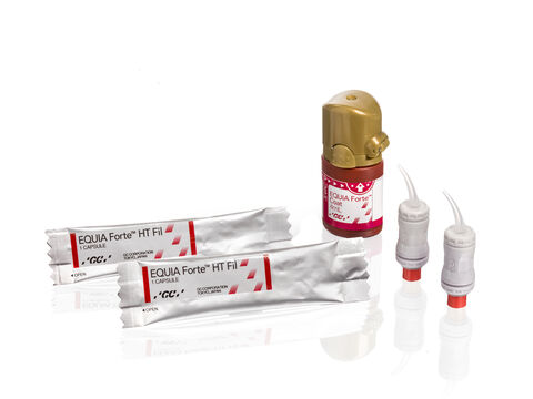 Foto illustrativa linea EQUIA FORTE HT con capsule e flacone; vendita riferita alle 50 capsule indicate nella scheda